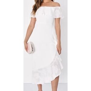 LULU'S SZ S Pretty Perfect White Burnout Floral Off-the-Shoulder Midi Dress B43